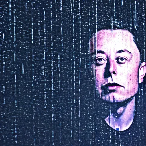 Prompt: dark photo of dark blue rainy bedroom window at night, creepy face of elon musk staring in through the window, horror,