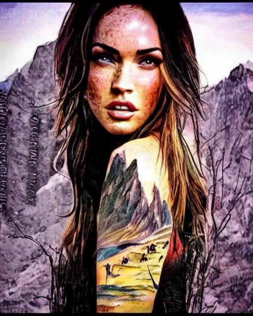 Image similar to double exposure effect tattoo sketch of a megan fox faded with a beautiful mountain scenery, surreal, in the style of matteo pasqualin, amazing detail, sharp