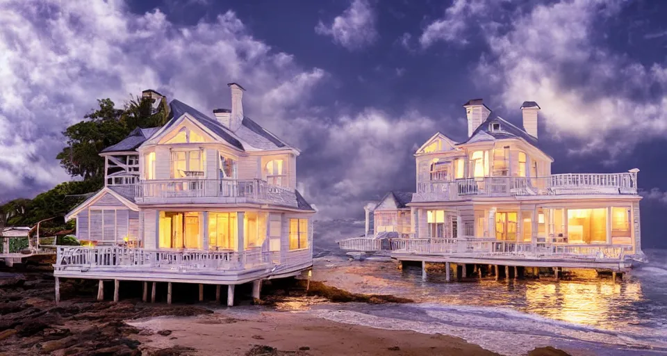 Image similar to pearly white seashell house, atmospheric cinematography