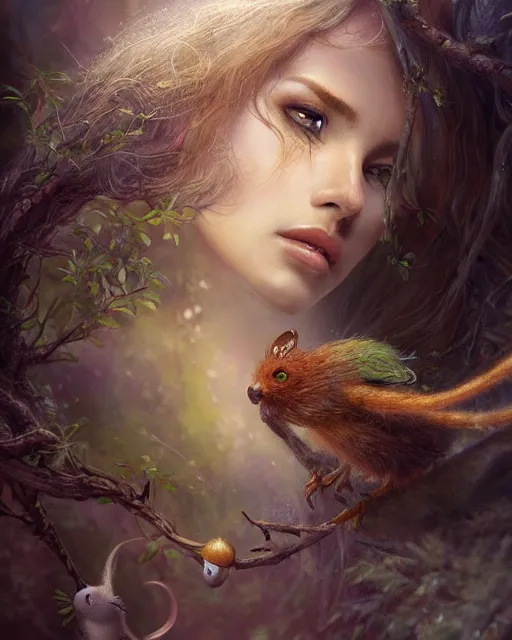 Image similar to dryad, perfect face, accompanied by a cute feathered mouse cinematic, stunning, highly detailed, digital painting, artstation, smooth, hard focus, illustration, art by jessica rossier and brian froud