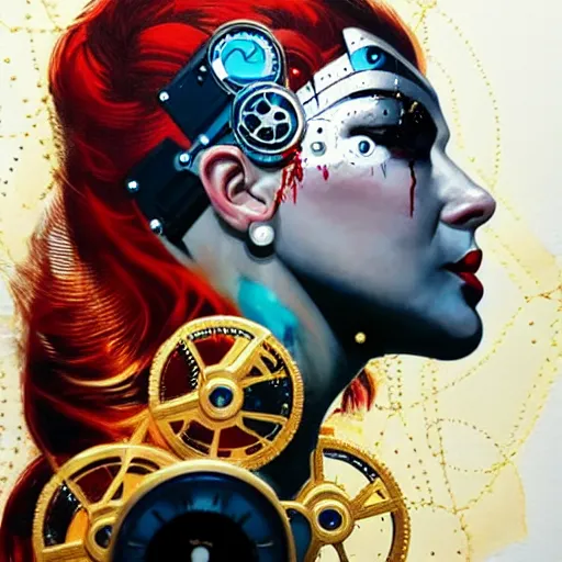 Prompt: portrait of britainwoman :: side profile :: in ocean :: clockwork details :: gold :: blood and horror :: by marvel and Sandra Chevrier