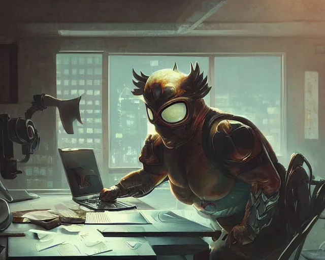 Image similar to an insanely detailed painting of a slightly chubby, nerdy asian man wearing a superhero costume and mask, sitting at a desk, staring at the nervously at the computer and typing, in the style of peter mohrbacher, dramatic lighting and composition, octane render, trending on artstation, concept art, comic book, view from behind