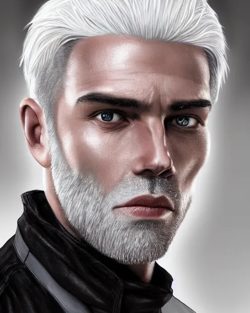 Prompt: portrait of 4 0 - year - old man with white hair with a pale complexion, pointed face and grey eyes, clear smooth face, no beard, wearing all black clothes, haughty facial expression, hyper realistic face, beautiful eyes, character art, art by mark brooks, hyperdetailed, cryengine, trending on artstation, digital art