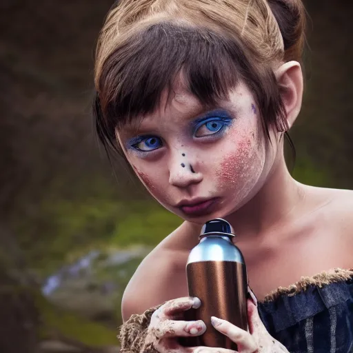 Prompt: a little blue-skinned girl with messy black hair sharp pointed ears freckles along the ridges of her cheeks drinking from a leather flask, dnd triton, high resolution film still, 4k, HDR colors