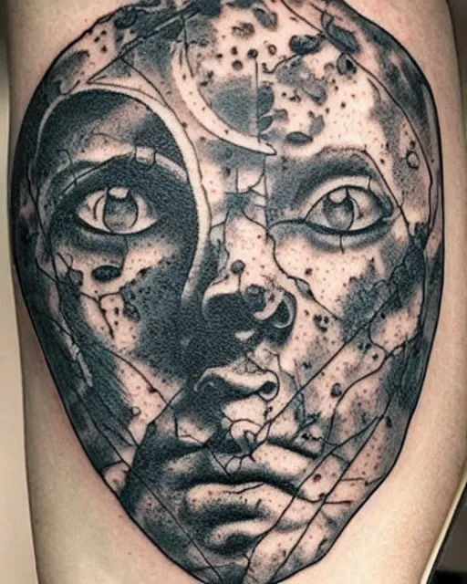 Image similar to planets on the top of a broken renaissance head statue, realism tattoo design, in the style of sivak