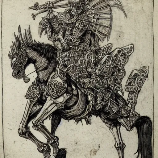 Prompt: skeleton warrior in a fire horse with a very ornate armor, very detailed, complex drawing, hyper detailed, renaissance, monochrome, albert durer style