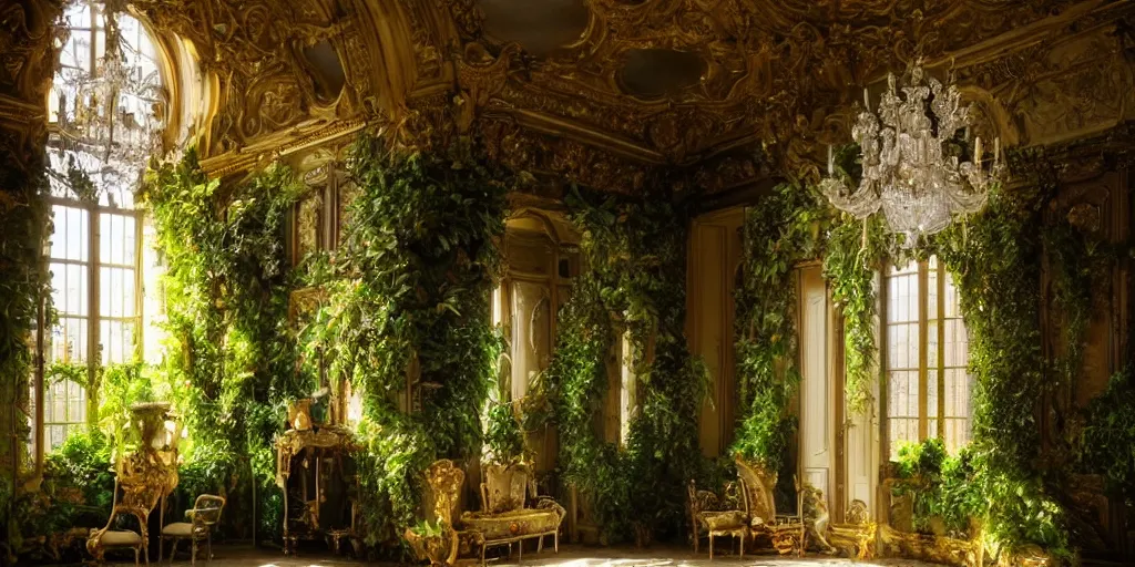 Image similar to a dream about Mallard Duck with a green head inside an opulent, ornate, abandoned overgrown Palace of Versailles, lush plants growing through the floors and walls, walls are covered with vines, beautiful, dusty, golden volumetric light shines through giant broken windows, golden rays fill the space with warmth, rich with epic details and dreamy atmosphere