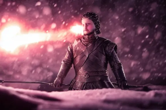 Image similar to very very intricate photorealistic photo of jon snow defeating the night king, photo is in focus with detailed atmospheric lighting, award - winning details