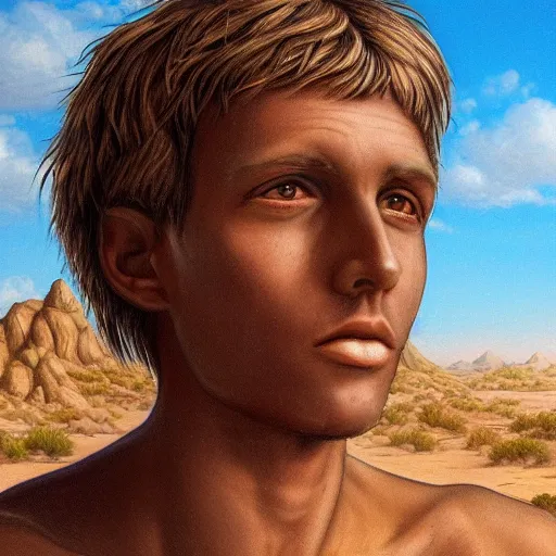 Image similar to a detailed portrait of a tan boy in the desert, fantasy art illustration, incredibly highly detailed and realistic, 8 k, sharp focus