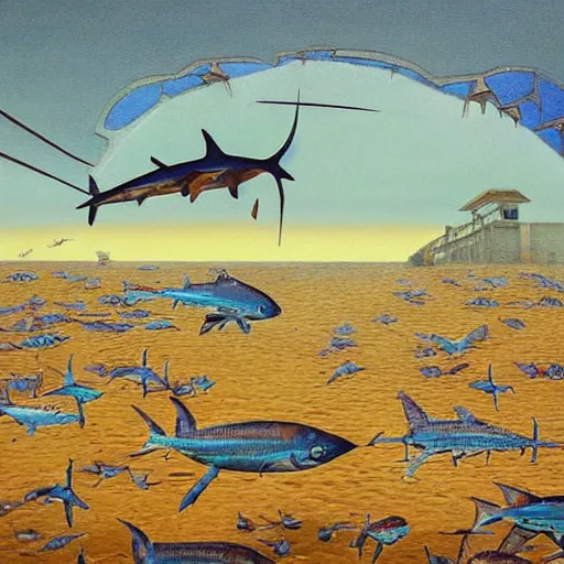 Prompt: swordfish will be our new overlords when the levees break, a dystopian jean dupas painting