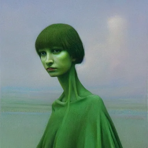 Prompt: young female in green dress, painting by Beksinski