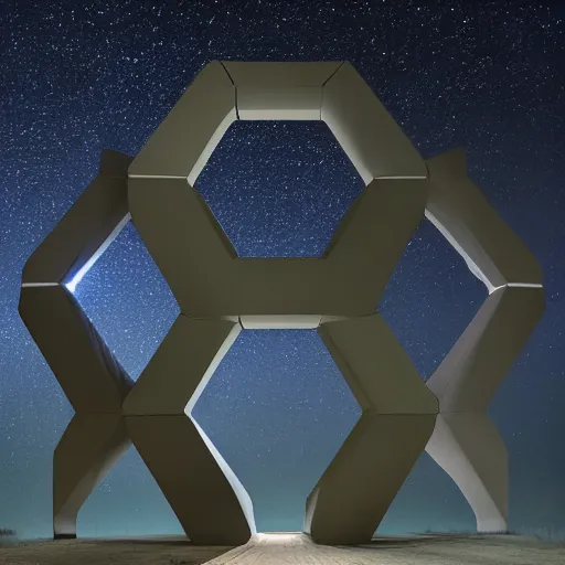 Image similar to a hexagonal portal in the dark night sky, realistic photography