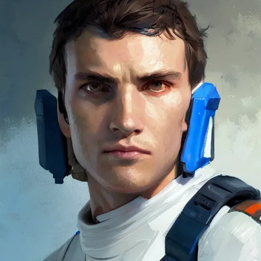 Image similar to portrait of a man by greg rutkowski, a soldier of the new galactic republic, wearing a white, blue and orange tactical gear, star wars expanded universe, highly detailed portrait, digital painting, artstation, concept art, smooth, sharp foccus ilustration, artstation hq