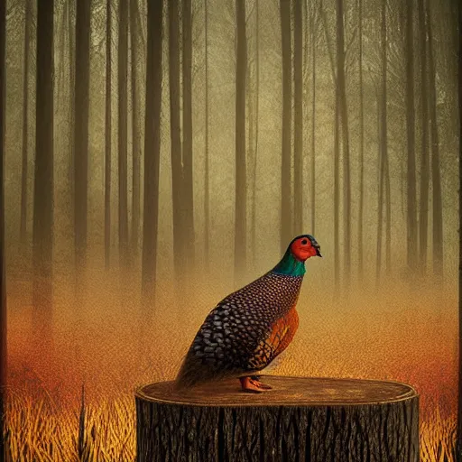 Prompt: pheasant guard sits on a stump, in deep forest, by rivuletpaper, rivuletpaper art, Mouse Guard by David Petersen, mouse photo, small details, realistic illustration, foggy atmosphere, volumetric lighting , Hedgehog in the Fog , by Yuri Norstein art