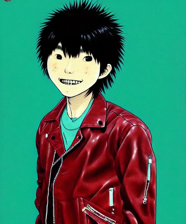 Prompt: a half - body portrait of a happy teenage japanese man, his hair is messy and unkempt, he is wearing an embroidered red leather jacket, dynamic background, a masterful illustration by otomo katsuhiro and terada katsuya and kim jung gi!!, realistic proportions!!, correct anatomy!!, high camera angle!!