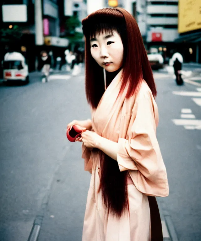 Image similar to a portrait, street photograph shot on cinestill 5 0 d, a cute japanese woman in nineties fashion with modest make up, hair dyed to a hazelnut brown, shot in shibuya tokyo on a 3 5 mm at f / 2. 8 and 1 / 1 2 0 0 shutter speed, print magazine quality, nostalgia, 8 k