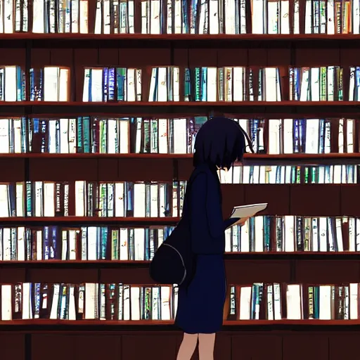 Prompt: At the end of the world, a high school girl browsing in a bookstore, Makoto Shinkai style