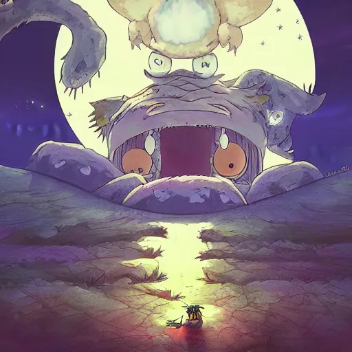 Image similar to friendly monster made by Hayao Miyazaki, studio ghibli artstyle, night, stars, beautiful scene, smooth, detailed, high detail,high quality, 8k anime