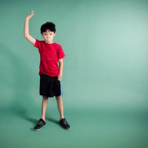 Prompt: the boy had journeyed a long way, and was very tired. dslr, photo, standing next to a green screen