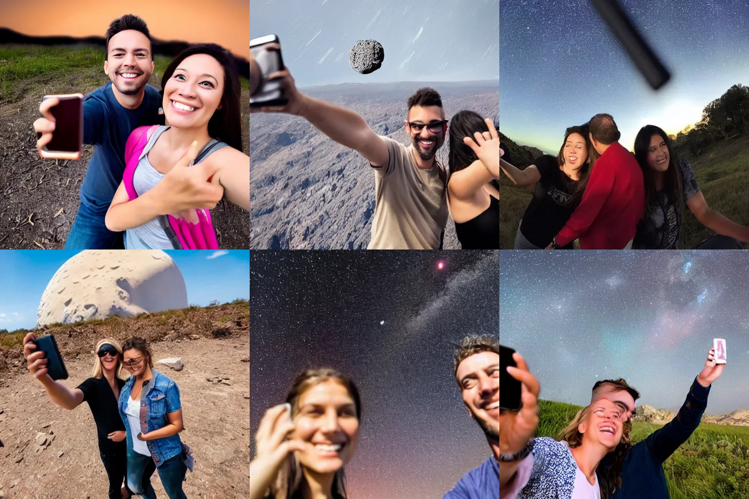 Prompt: a couple taking a selfie right before an asteroid hits behind them