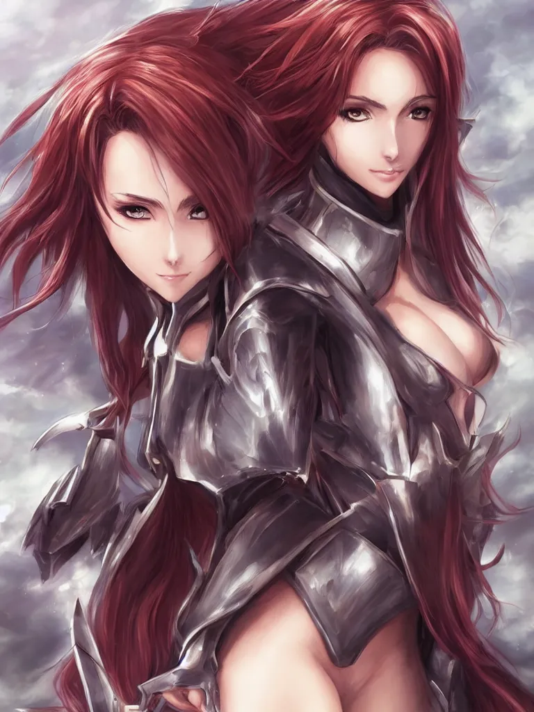 Image similar to a portrait of an attractive knight female anime character with long hair, artgerm