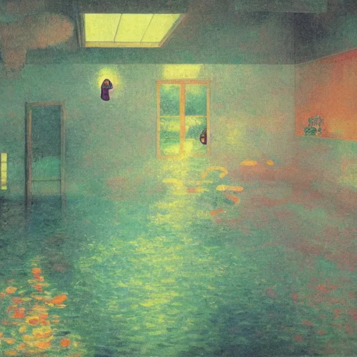 Prompt: interior of a house flooded. aurora borealis. iridescent, psychedelic colors. painting by balthus, agnes pelton, utamaro, monet