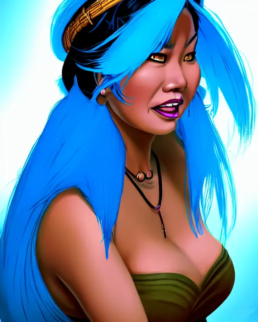 Prompt: welcoming heavy filipina woman character portrait, by don bluth, electric blue hair, sci - fi environment, highly detailed, dynamic shadows, 4 k, wallpaper - 1 0 2 4