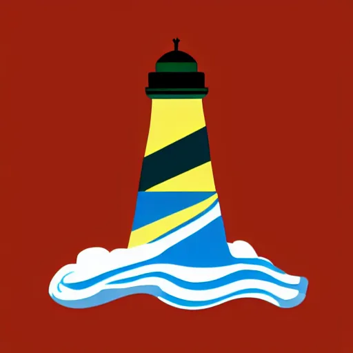 Image similar to a tricolour flag with vector pictogram of a lighthouse that is made of white stone on a small coral island surrounded by ocean, flat graphic design