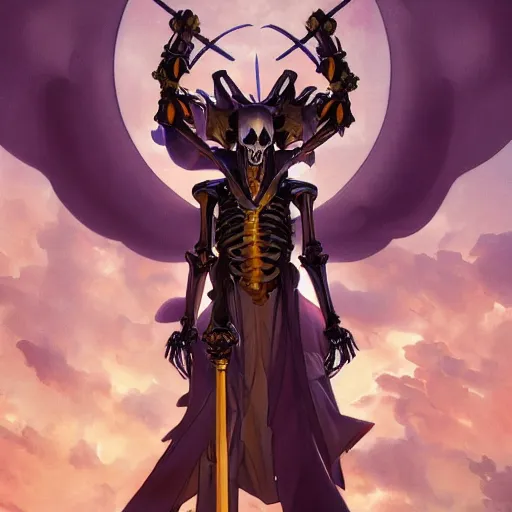 Prompt: Tall skeleton overlord, covered with royal robes, magic caster, wide shoulders, evil aura, full body shot, anime style, AINZ, 90's modern art, art by artgerm and greg rutkowski and alphonse mucha