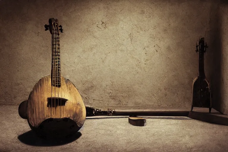 Prompt: still life of a cursed carved wooden lute with ebony inlay and strings of pain, oud, guitar designed by brian froud and hr giger leans against the wall alone, abandoned. an empty brutalist chamber, lonely, somber, a thin wisp of smoke rises from the lute. late afternoon lighting cinematic fantasy painting by jessica rossier