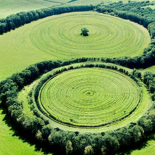 Prompt: An Ariel view photo of vast countryside of grass and forests,, there are massive, tall stone ruins forming concentric circles. The stone ruins are repeating across the landscape.