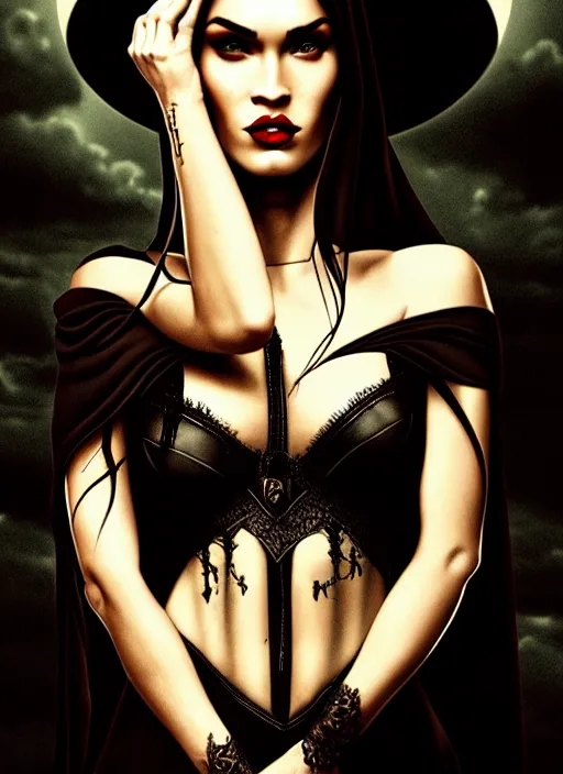 Image similar to megan fox witch queen, black eyes, blood, full body, intricate victorian dress, middle shot, cinematic lighting, symmetrical eyes, caravaggio, joshua middleton, rafael albuquerque, charlie bowater, moody lighting, candles