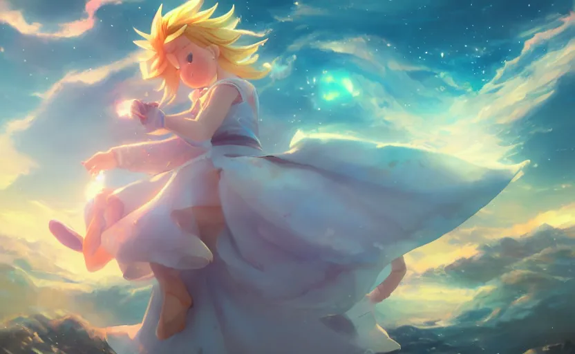 Image similar to Princess rosalina, anime painting, 3d render, hyper realistic, dramatic lighting, the sky is a nebula on fire, 8k hdr pixiv dslr photo by Makoto Shinkai ilya kuvshinov and Wojtek Fus, digital art, concept art,