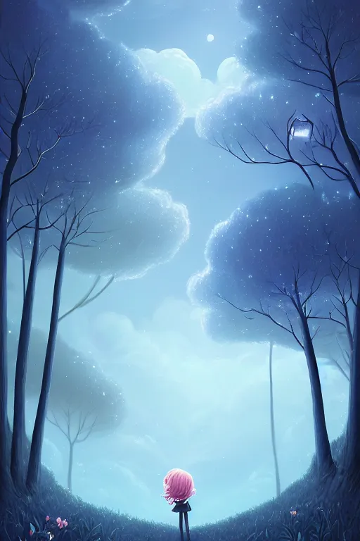 Prompt: A beautiful ultra detailed matte painting Moonlight woods near the water puffy clouds in sky by Cyril Rolando, David Wiesner, unreal engine, featured on artstation