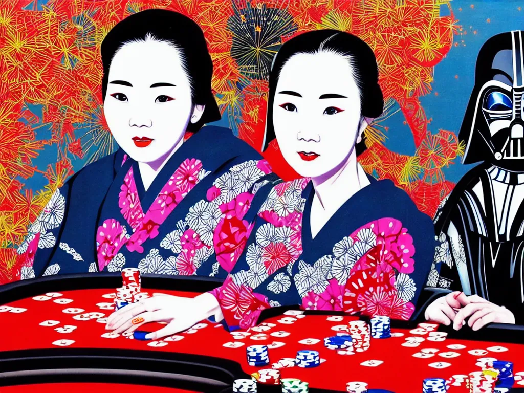 Prompt: hyperrealistic composition of the detailed single woman in a japanese kimono sitting at a extremely detailed poker table with hyperdetailed darth vader, fireworks, mountain fuji on the background, pop - art style, jacky tsai style, andy warhol style, acrylic on canvas