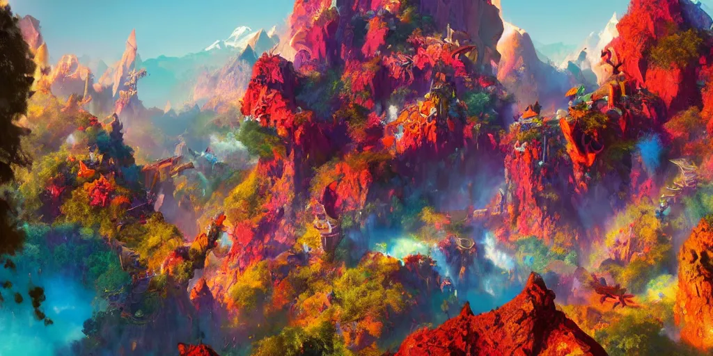 Prompt: Colorful and vibrant fantasy world with mountains and dragons, Pixar, by Sandro Boticceli and Craig Mullins