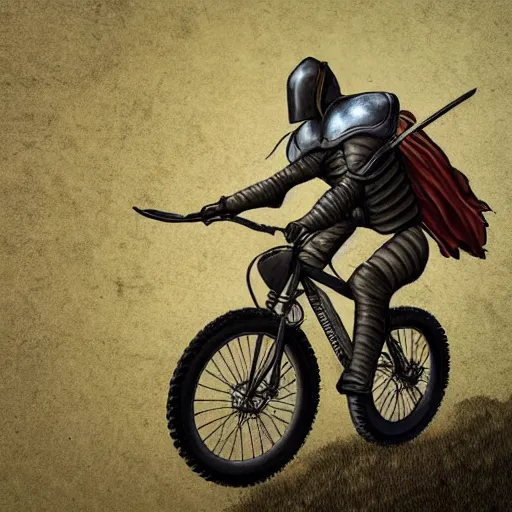 Prompt: a medieval knight riding a mountain bike in photorealistic style