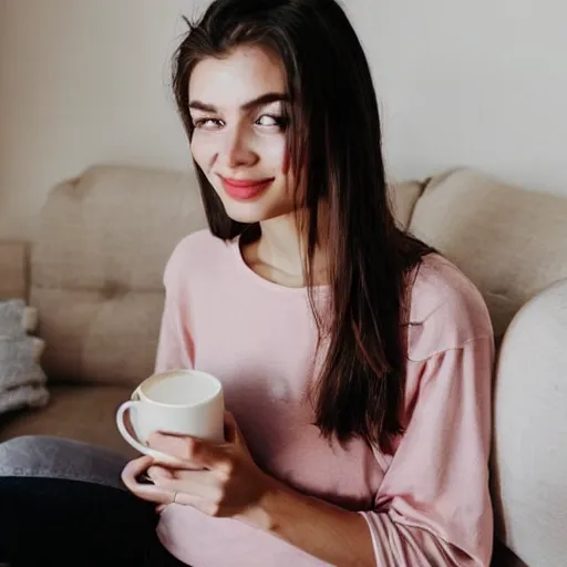 Prompt: photograph of a cute thin young woman, red blush, wearing casual clothes, small smile, relaxing on a couch, holding a steaming cup of coffee, cozy living room, medium shot, 8 k, trending on instagram, photorealistic, trending on pinterest, portra 4 0 0