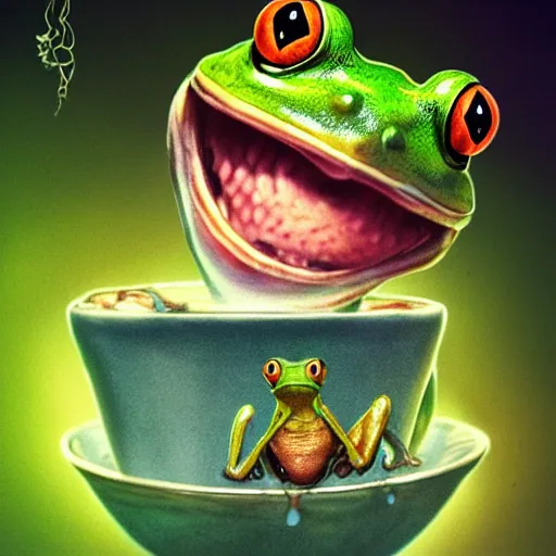 Image similar to long shot of a crazy cute frog baby sitting in a searose cup, by esao andrews, by m. w. kaluta, very humorous illustration, small depth of field, perspective perception, volumetric light, psychedelic colors, 3 d octane render, 8 k, conceptart, hyperdetailed, hyperrealistic, trending on artstation