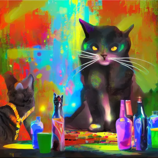 Prompt: cat partying in a club. digital art, expressive painting, trending on artstation.