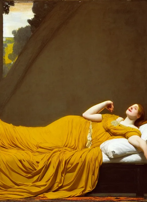 Image similar to masterpiece portrait of lady reclining on bed, flowing cloth floating in the wind, wearing yellow ochre ornate medieval dress, vertical, foreshortening, colour photography by frederic leighton, william morris, 8 k