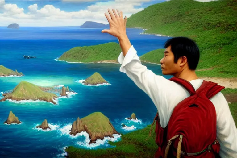 Image similar to ( ( a beautiful 8 k photorealistic masterpiece oil painting ) ( of ( man who is leaving the mainland to go to a new island, waving to the mainlanders ) ( the inhabitants of the new island look at the man, serious in the background, on their island ) ) ( hyperrealism ) ( 1 6 k ) ( trending on artstation )