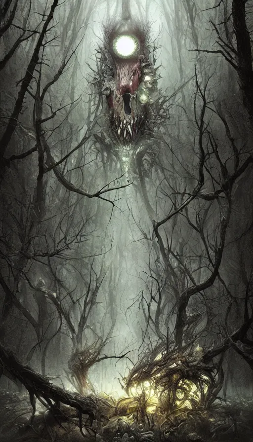 Prompt: a storm vortex made of many demonic eyes and teeth over a forest, by ryohei hase