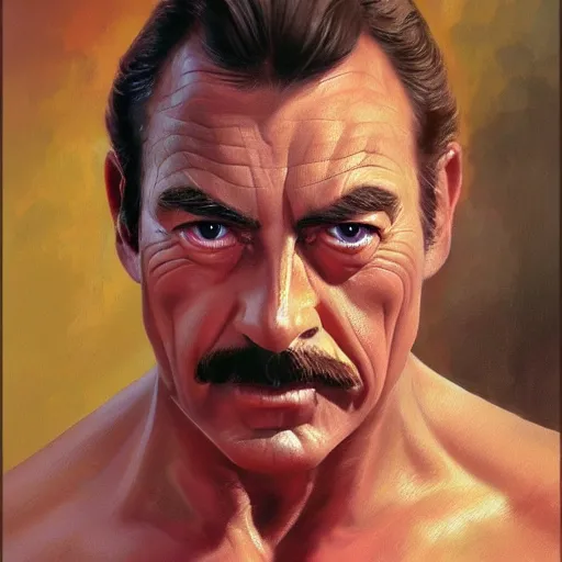 Image similar to ultra realistic head and shoulders portrait painting of tom selleck as a sphynx cat, art by frank frazetta, 4 k, ultra realistic, highly detailed, epic lighting