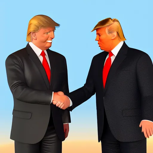 Prompt: 3 d render of batman and donald trump shaking hands on a sunny beach, 8 k, very intricate, very detailed,