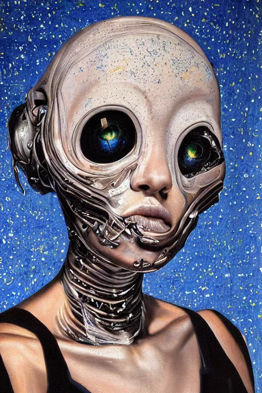 Prompt: hyperrealism oil painting, close-up portrait of alien nun fashion model, melted cyborg, ocean pattern mixed with star sky, in style of classicism mixed with 70s japan book art