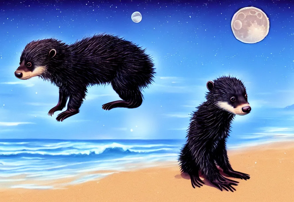 Image similar to cute honey badger at a beach looking at the moon, ultra realistic, concept art, highly detailed