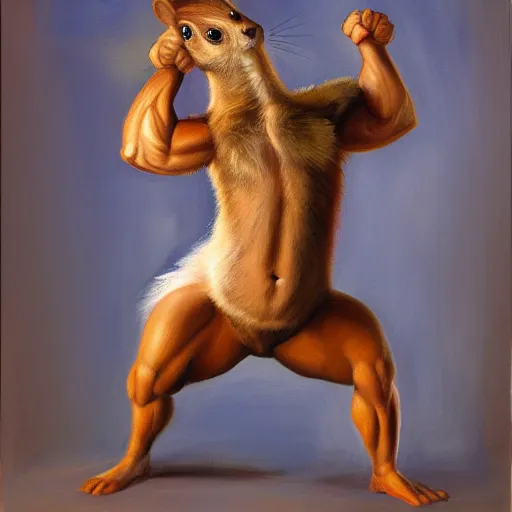 Image similar to oil painting of a muscular!!!! squirrel with bulging!! human!! biceps!!!!, 8 k, high quality