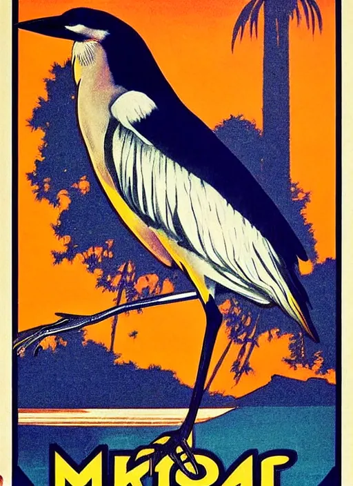 Image similar to a vintage art deco vacation poster for lake merritt in oakland depicting charles manson as a black crowned night heron with a smoky dark orange sky, by ernst haeckel, by alphonse mucha