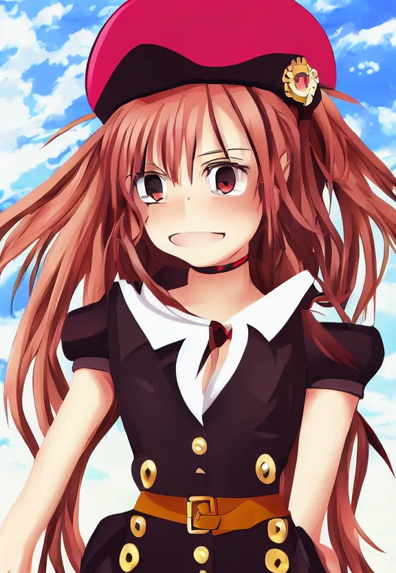 Prompt: wide angle portrait of a female pirate, a cute uniform, somewhat of an anime in noir style, trending artwork, made with anime painter studio, by noir and an anime artist, collaboration